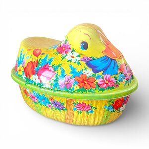 Vintage Ullman Easter Candy Container Duck on Nest Yellow Floral Molded Plastic